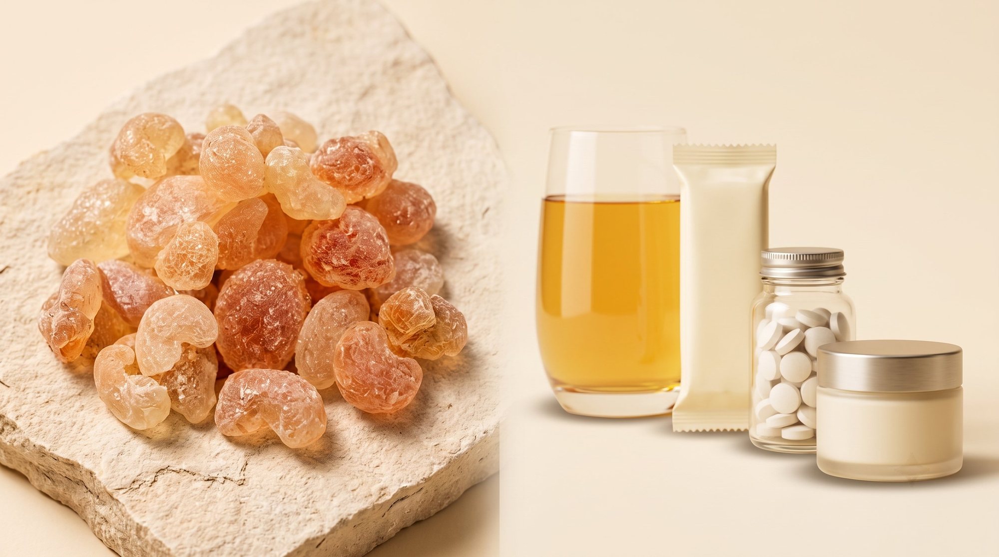 From raw acacia gum on stone to the finished products — beverage, bar, tablets and cosmetic cream