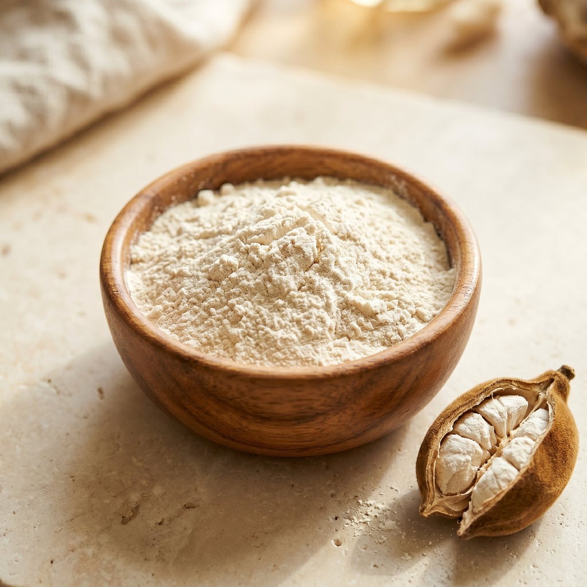 Baobab powder in a wooden bowl beside a cracked baobab pod