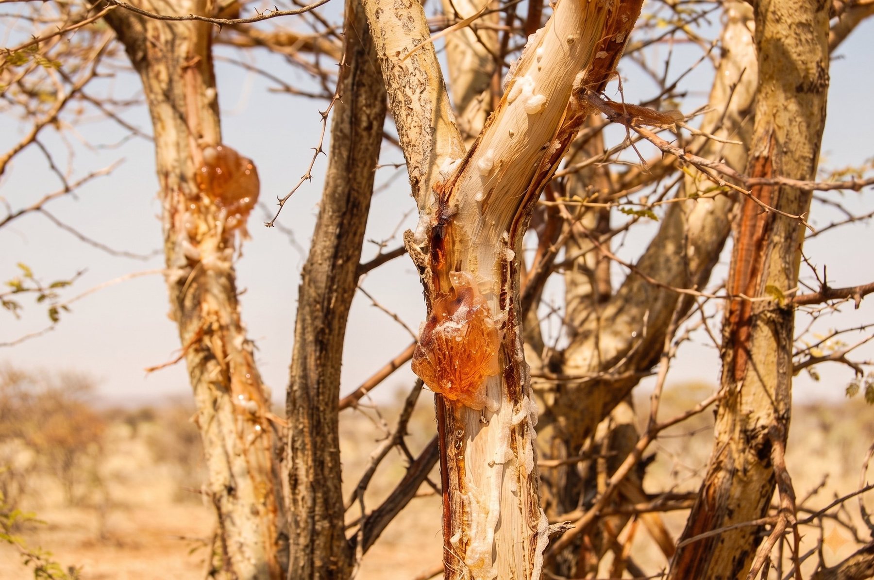 Gum nodules on a pale acacia trunk in dry savanna