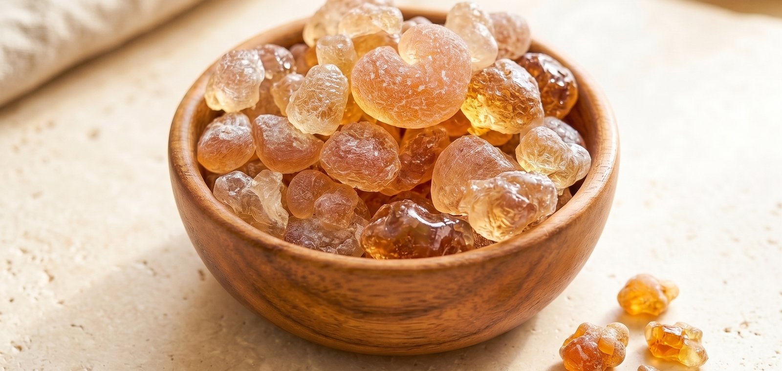 Cleaned lump acacia gum in a wooden bowl
