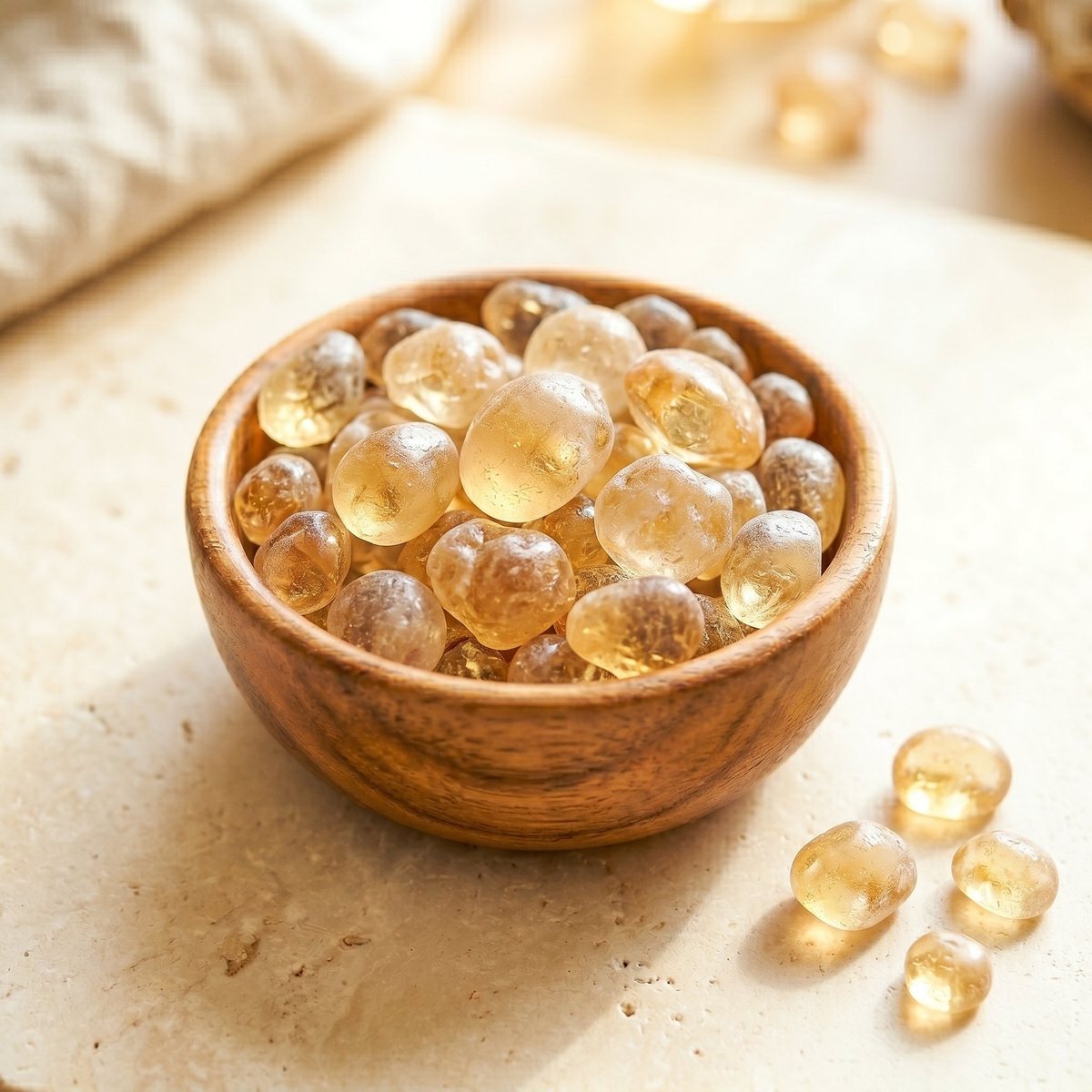 Hand-picked selected (HPS) acacia gum in a wooden bowl