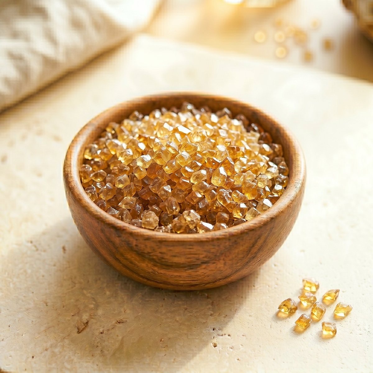 Kibbled acacia gum granules in a wooden bowl