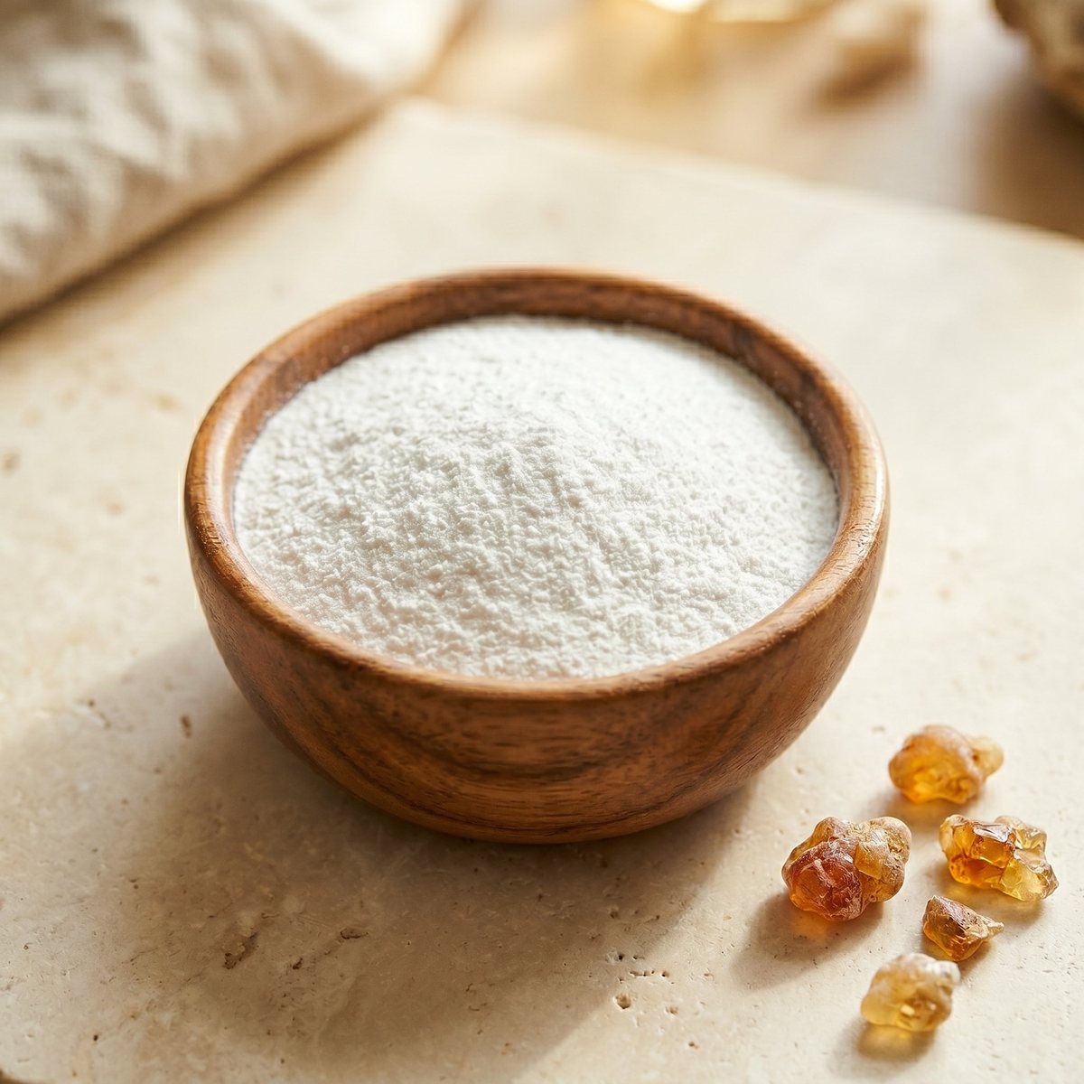 Mechanically milled acacia gum powder in a wooden bowl