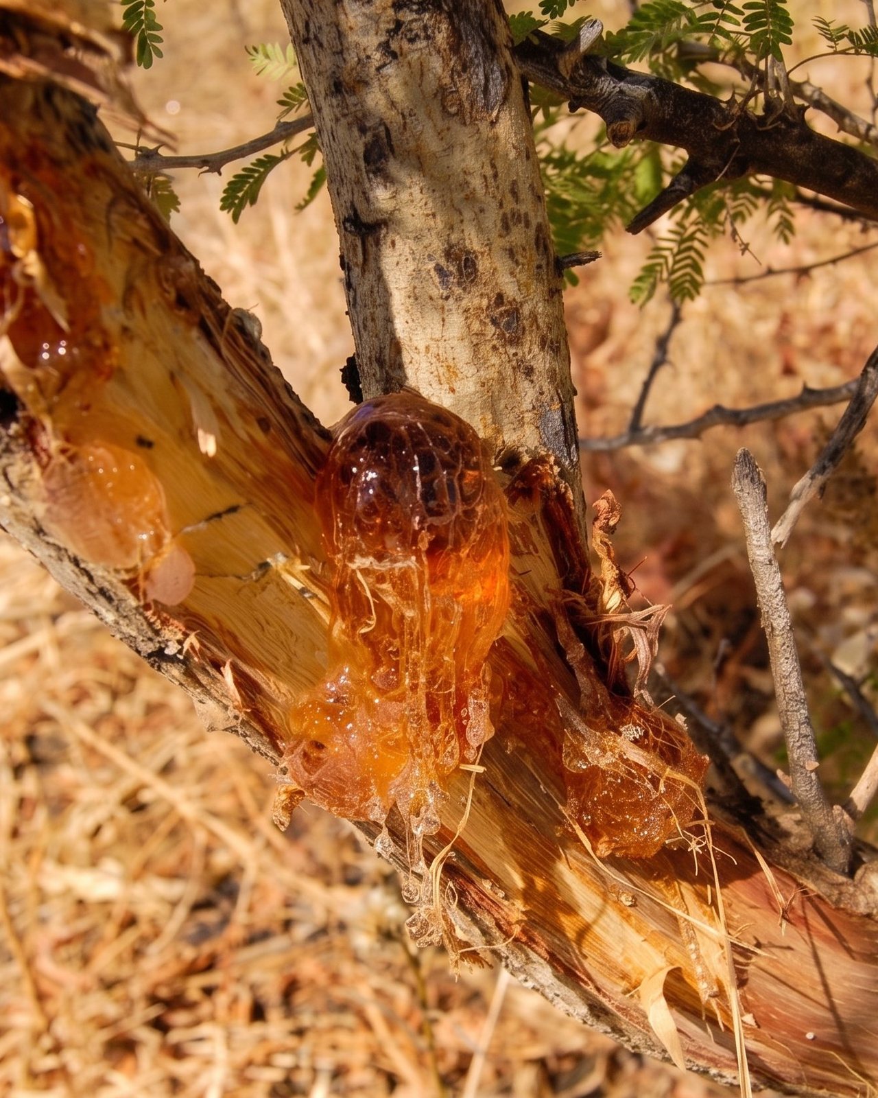The fresh gum weeps from the bark