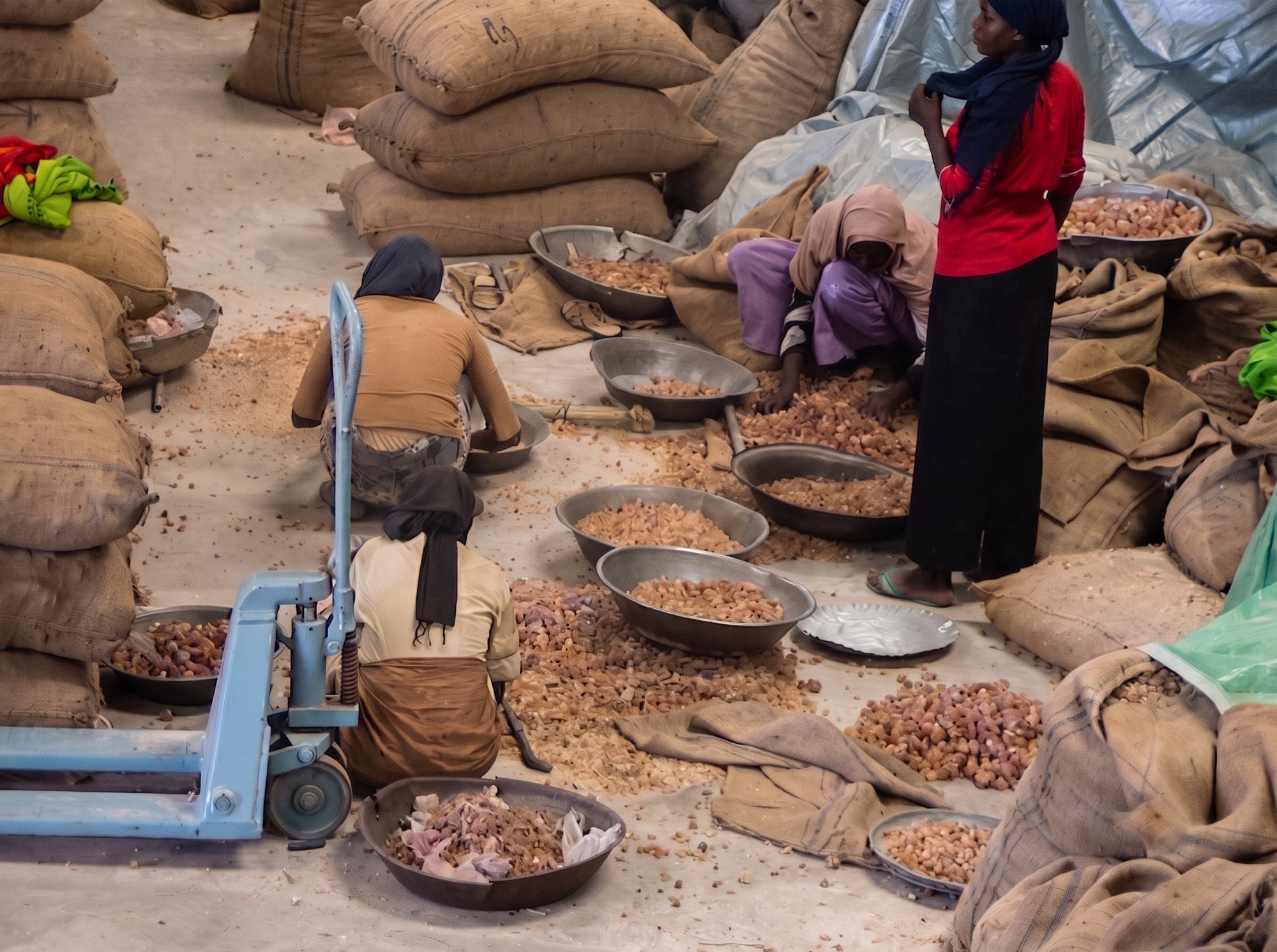 Women hand-sorting raw gum arabic into metal bowls among burlap sacks at an origin store