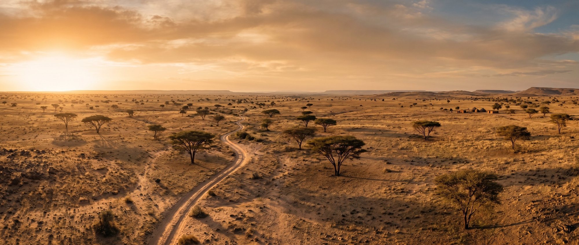 Illustrative aerial rendering of the Sahelian gum belt at sunset